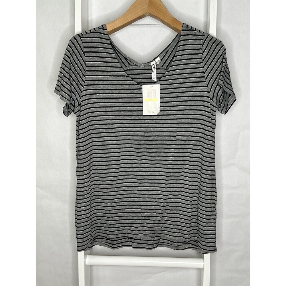Cable & Gauge Shirt Womens Medium Gray Navy Striped Metallic Silver V-Neck NEW